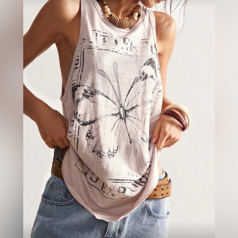 Boho Butterfly Graphic Tank Top - Light Beige